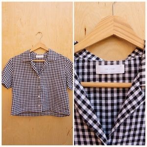 Oak + Fort Gingham Black White Boxy Crop Top Button Up Blouse Shirt Top XS S